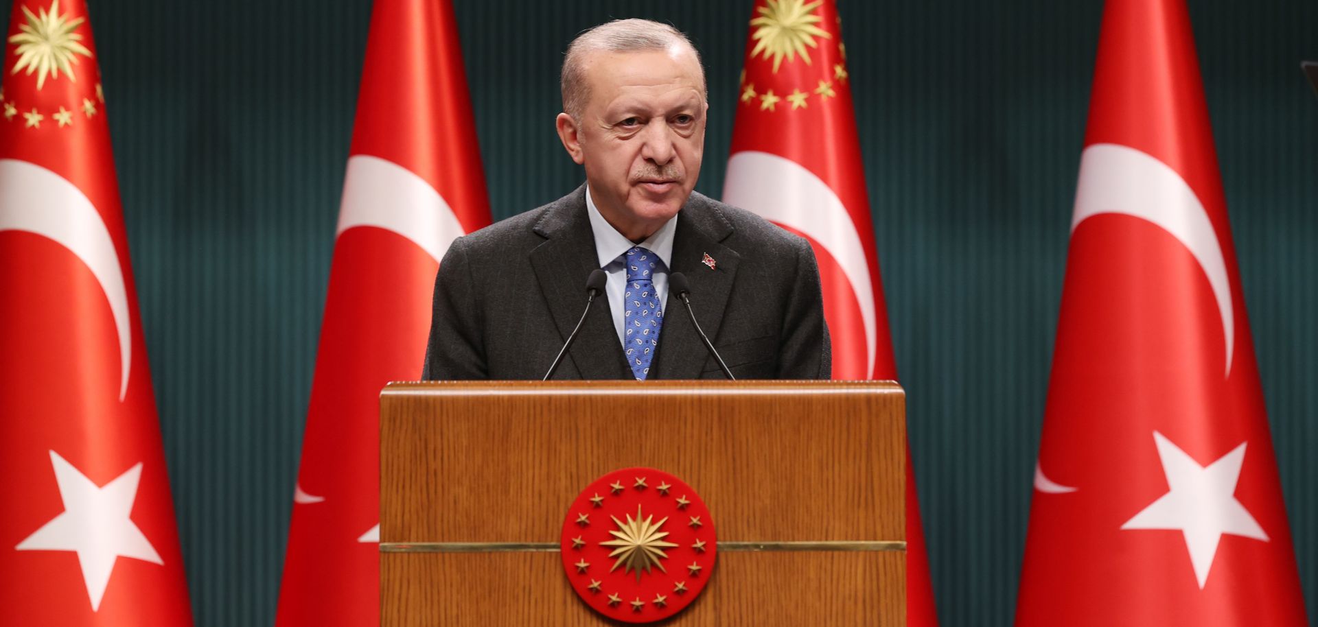 Turkish President Recep Tayyip Erdogan makes a statement on Feb. 28, 2022, in Ankara after holding a cabinet meeting focused on the Russia-Ukraine crisis.
