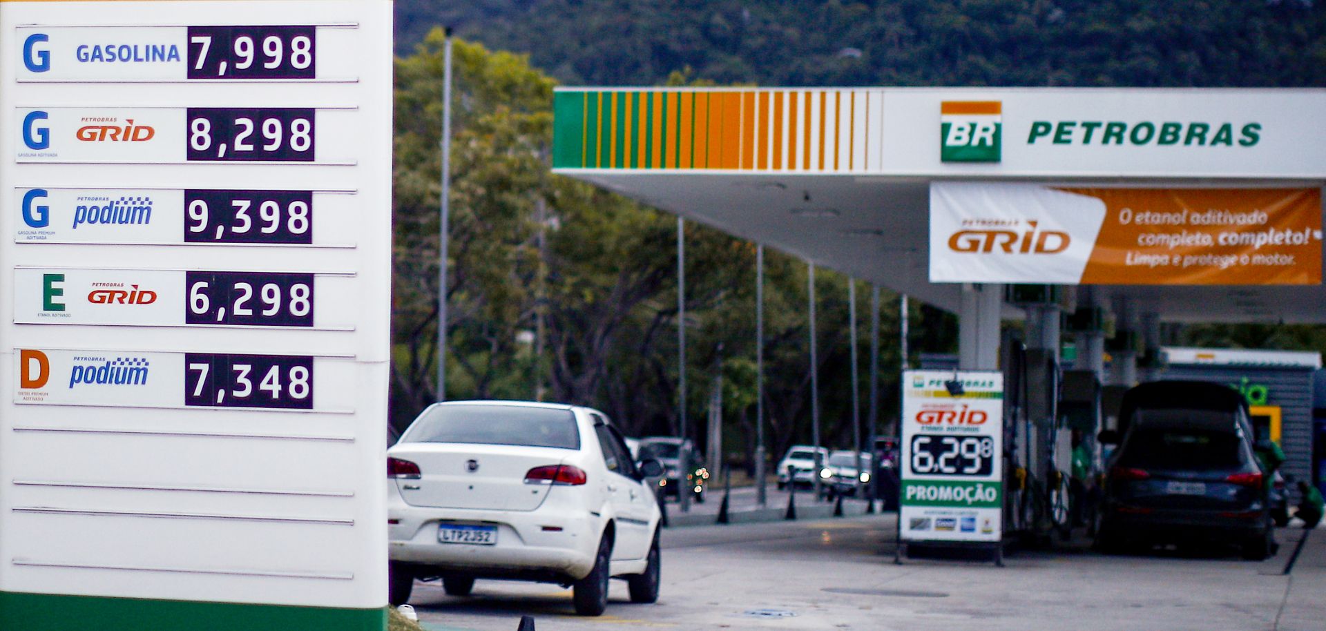 A list of prices is seen at a gas station operated by the Brazilian state-run oil company Petrobras in Rio de Janeiro, Brazil, on March 12, 2022. Petrobras announced fuel price increases due to the Russia-Ukraine conflict, which has spiked global crude prices. 