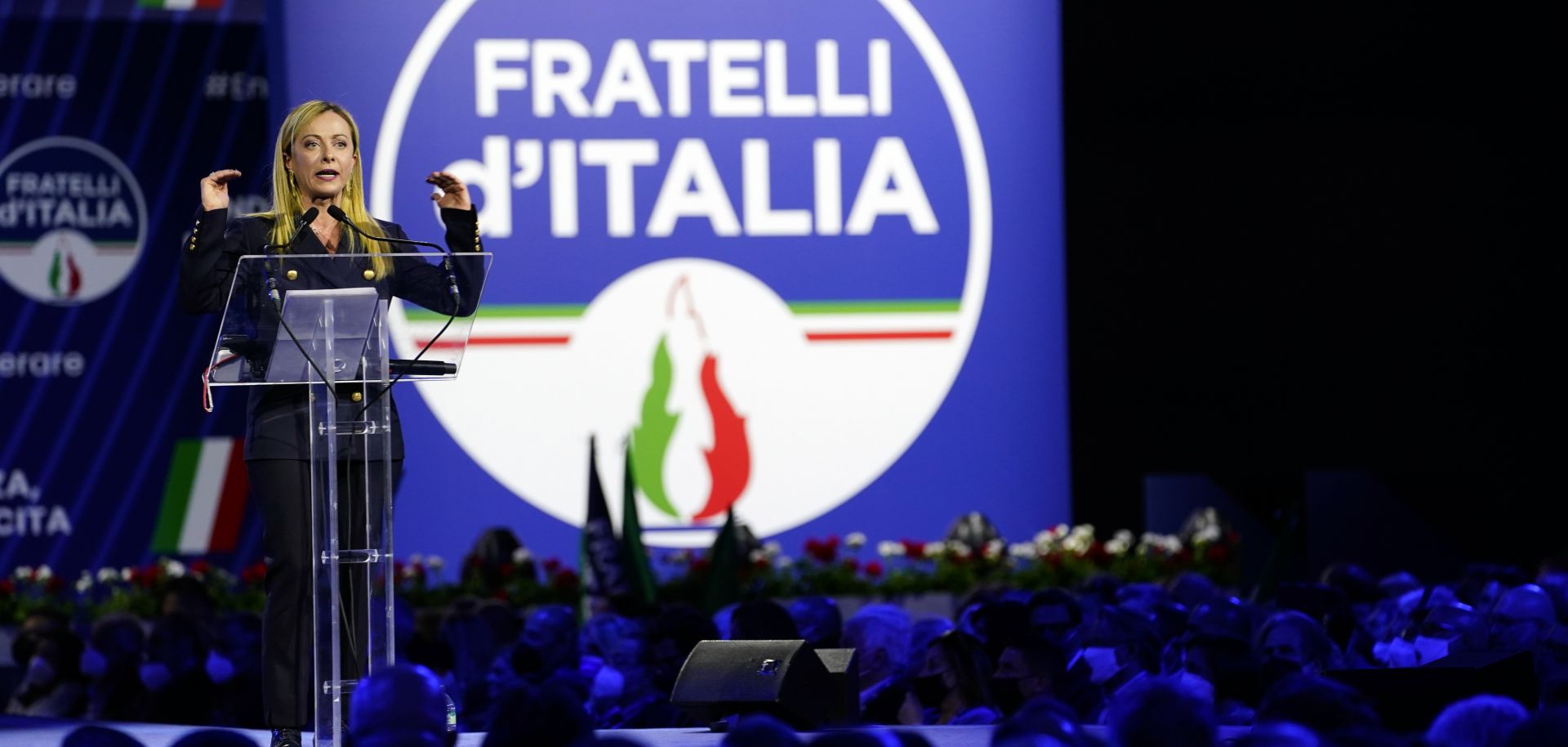 Giorgia Meloni, the leader of the right-wing Brothers of Italy party, gives a speech at a political rally in Milan, Italy, on April 29, 2022. 