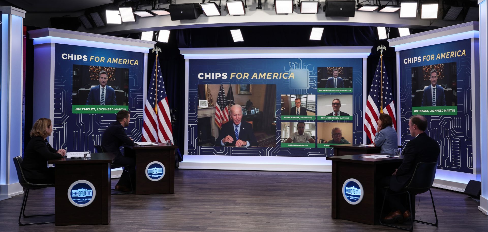 U.S. President Joe Biden participates virtually in a meeting on the Creating Helpful Incentives to Produce Semiconductors (CHIPS) for America Act on July 25, 2022.