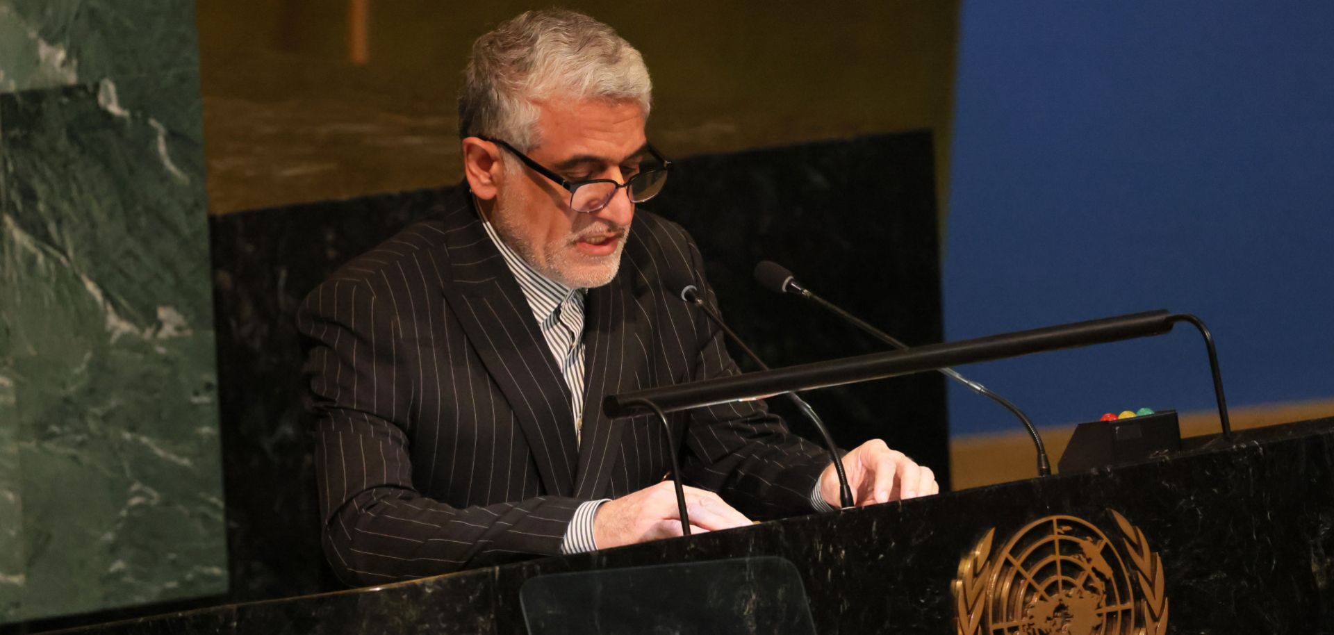 Iran's U.N. Ambassador Amir Saeid Iravani addresses the U.N. General Assembly on November 14, 2022.