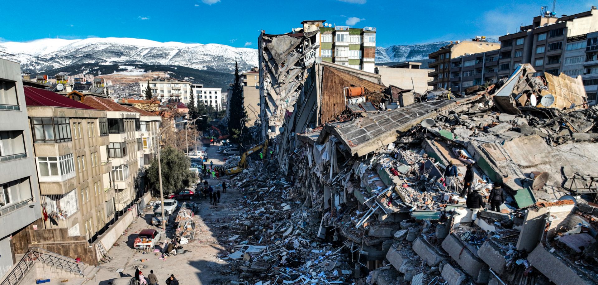 An aerial view shows destroyed buildings in Kahramanmaras, Turkey, on Feb. 8, 2023, after a 7.8-magnitude earthquake hit the region in the early hours of Feb. 6, followed by another 7.5-magnitude tremor just after midday.