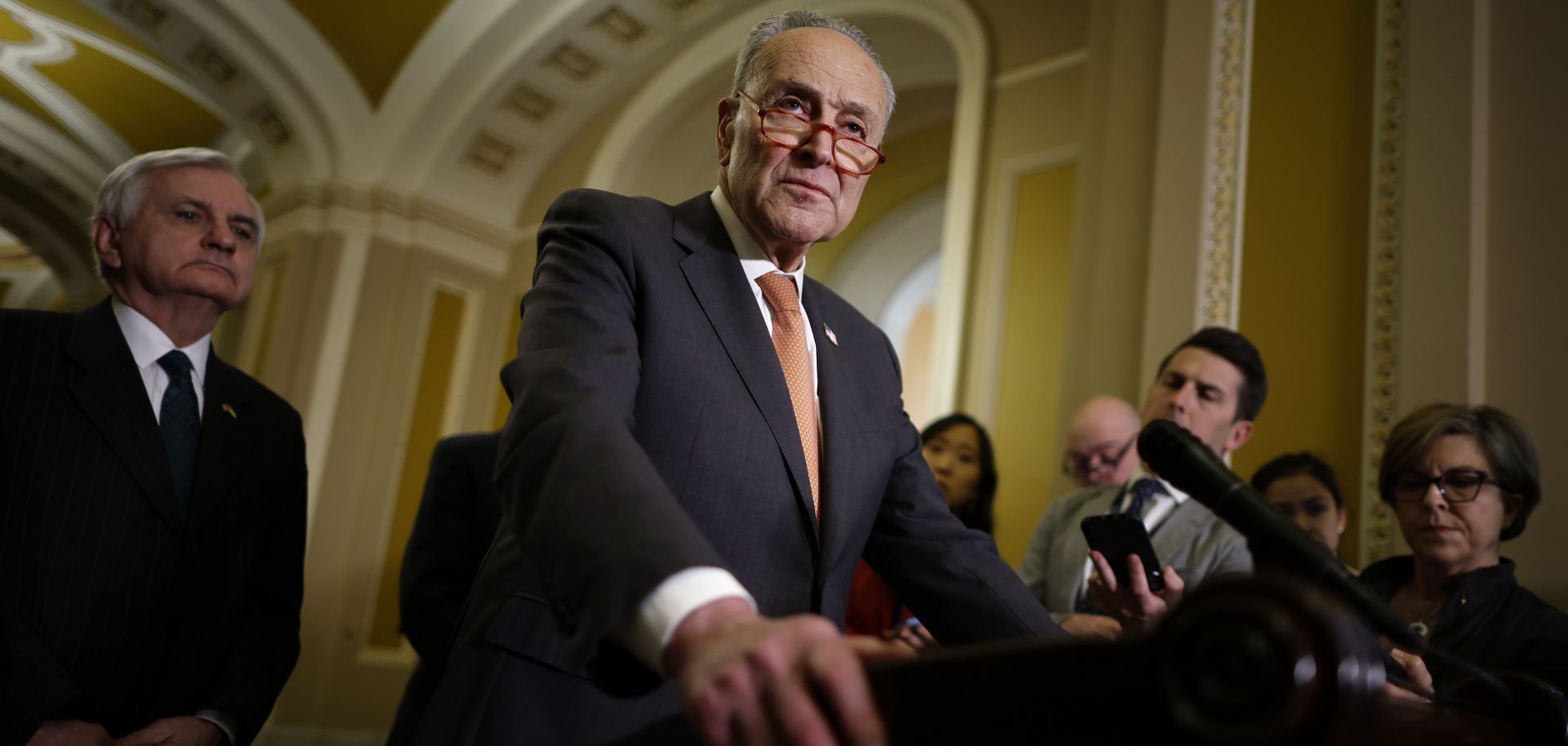 Senate Majority Leader Chuck Schumer (D-NY) talks to reporters following the weekly Senate Democratic policy luncheon at the U.S. Capitol on Feb. 28, 2023, in Washington, D.C. 