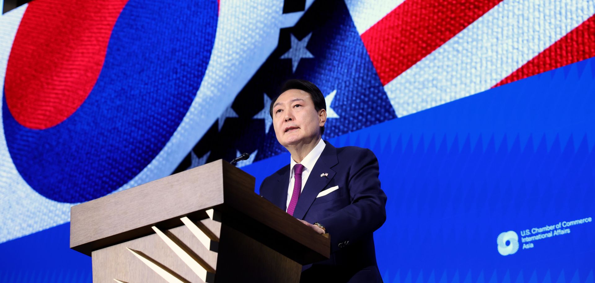 South Korean President Yoon Suk Yeol delivers remarks during a U.S.-Korea Business Forum at the U.S. Chamber of Commerce on April 25, 2023, in Washington, D.C. 