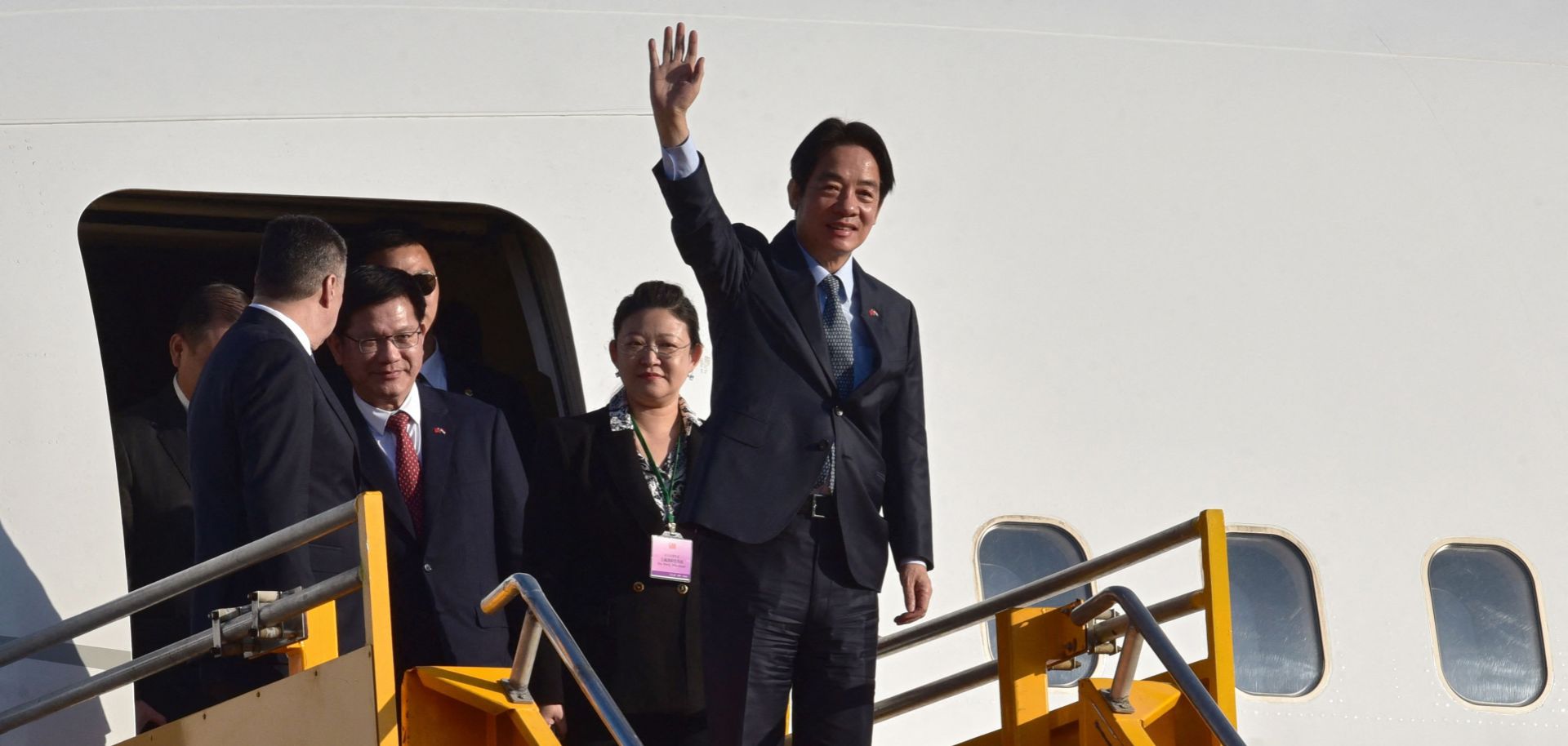 Taiwanese Vice President William Lai waves upon landing in Luque, Paraguay, on Aug. 14, 2023, to attend the inauguration of President-elect Santiago Pena.
