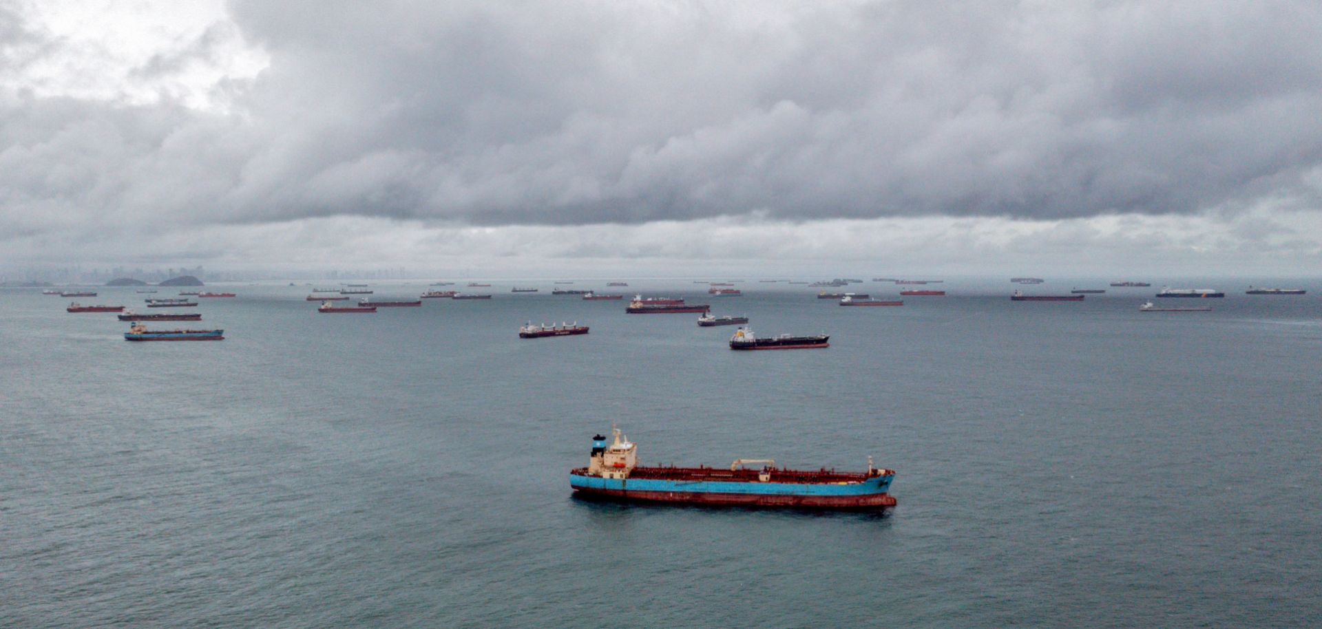 Cargo ships waiting to enter the Panama Canal are seen off the coast of Panama City on Aug. 23, 2023. 