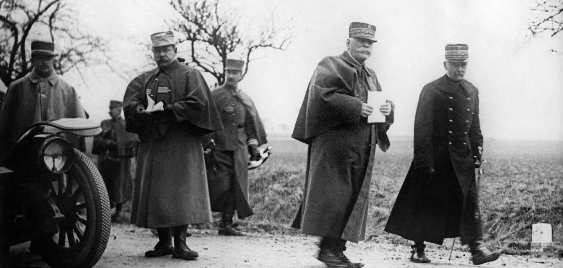 French Gen. Michel-Joseph Maunoury, right, walks alongside French army commander Gen. Joseph Joffre during the Battle of the Marne in 1914.