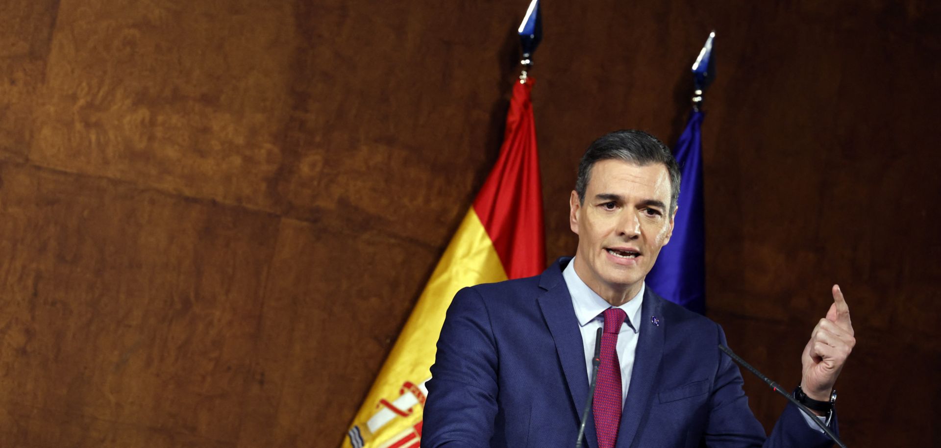 Spain's acting Prime Minister Pedro Sanchez speaks in Madrid after signing an agreement to form a coalition government on Oct. 24, 2023. 