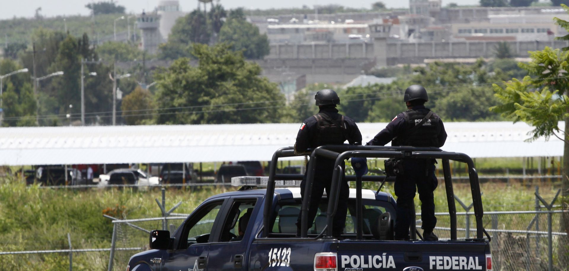 The Federal Police of Mexico patrol near the Puente Grande prison in Zapotlanejo, Jalisco, from which Rafael Caro Quintero was freed on Aug. 9, 2013.