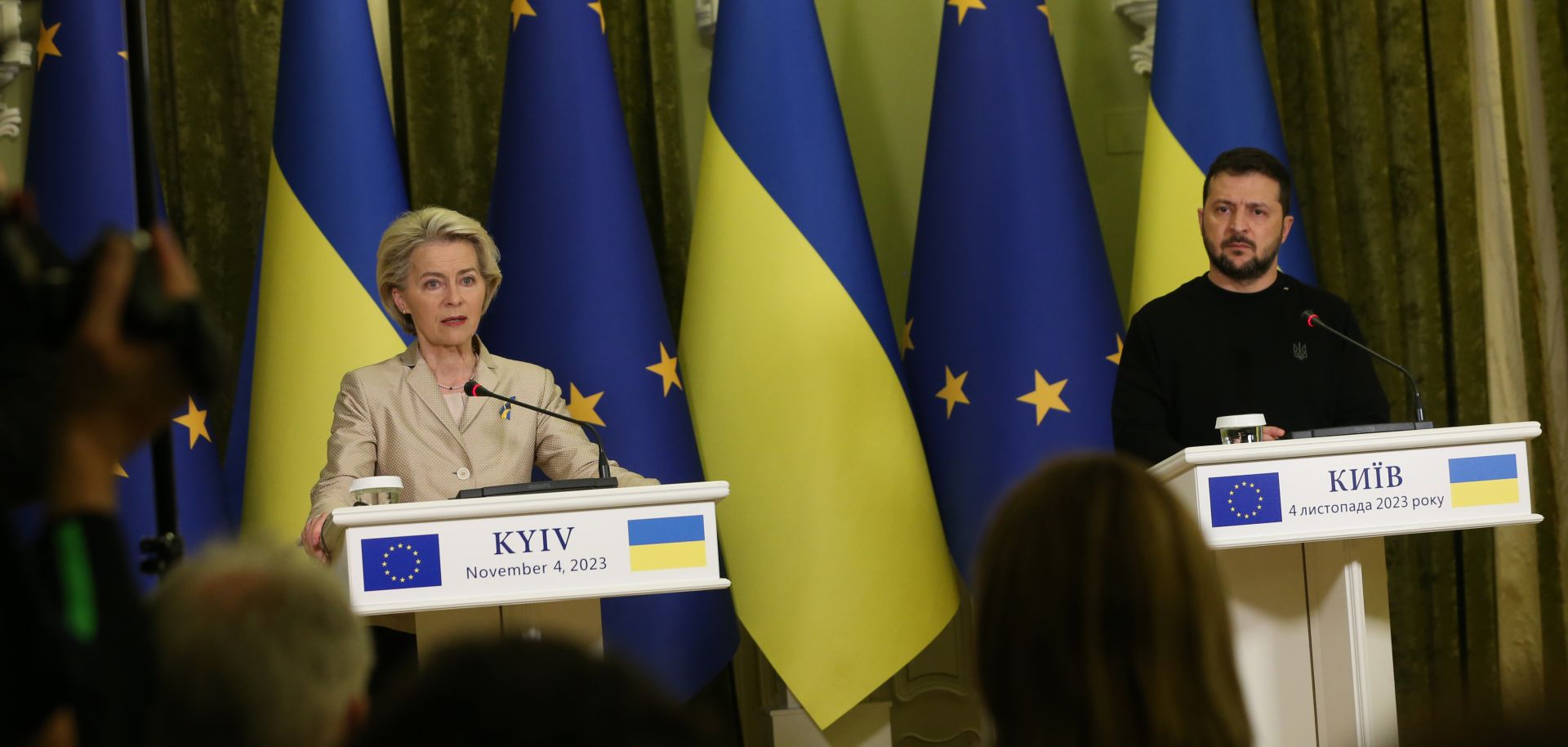 European Commission President Ursula von der Leyen (left) and Ukrainian President Volodymyr Zelenskyy (right) hold a joint press conference on Nov. 4, 2023, in Kyiv, Ukraine. 