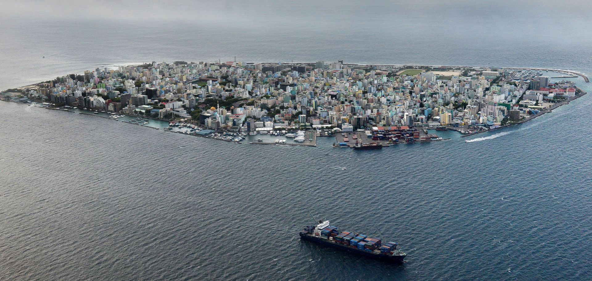 An aerial view of the island of Male, which is the capital of the Maldives.