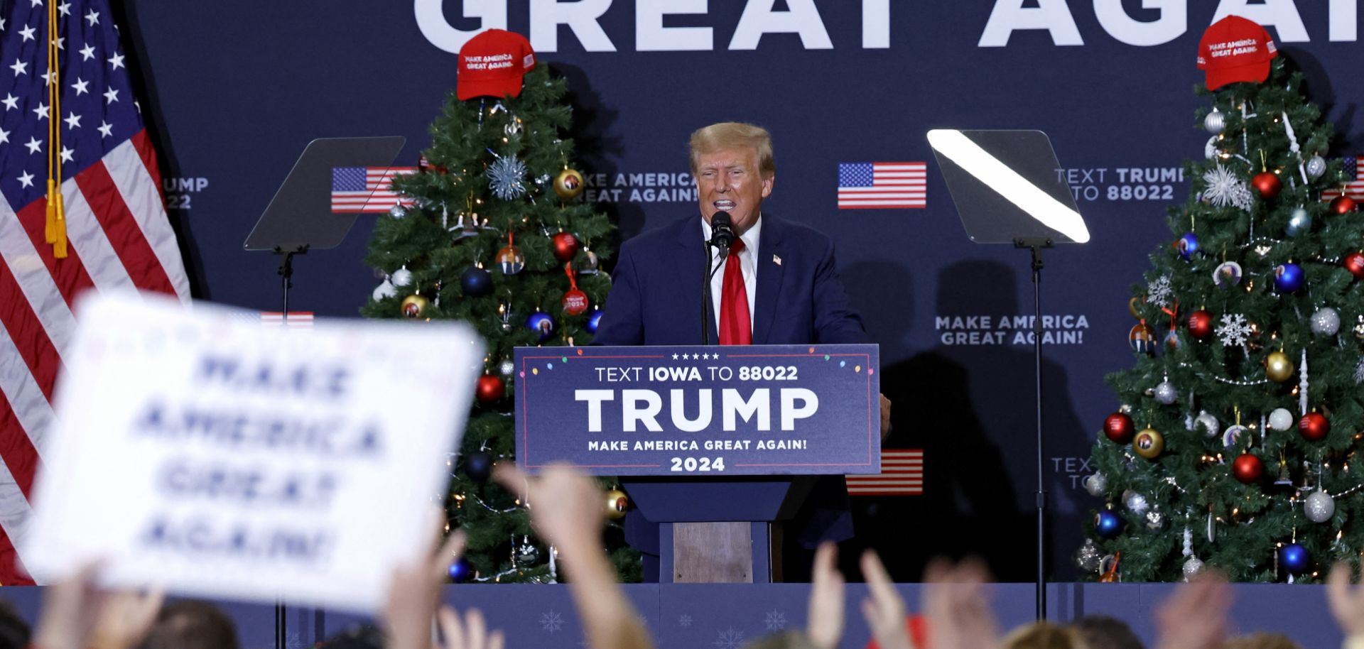 Former U.S. president and 2024 presidential hopeful Donald Trump speaks during a campaign event in Waterloo, Iowa, on Dec. 19, 2023. That same day, a Colorado court ruled Trump could not appear on the state's presidential primary ballot due to his involvement in the U.S. Capitol riot in January 2021. 