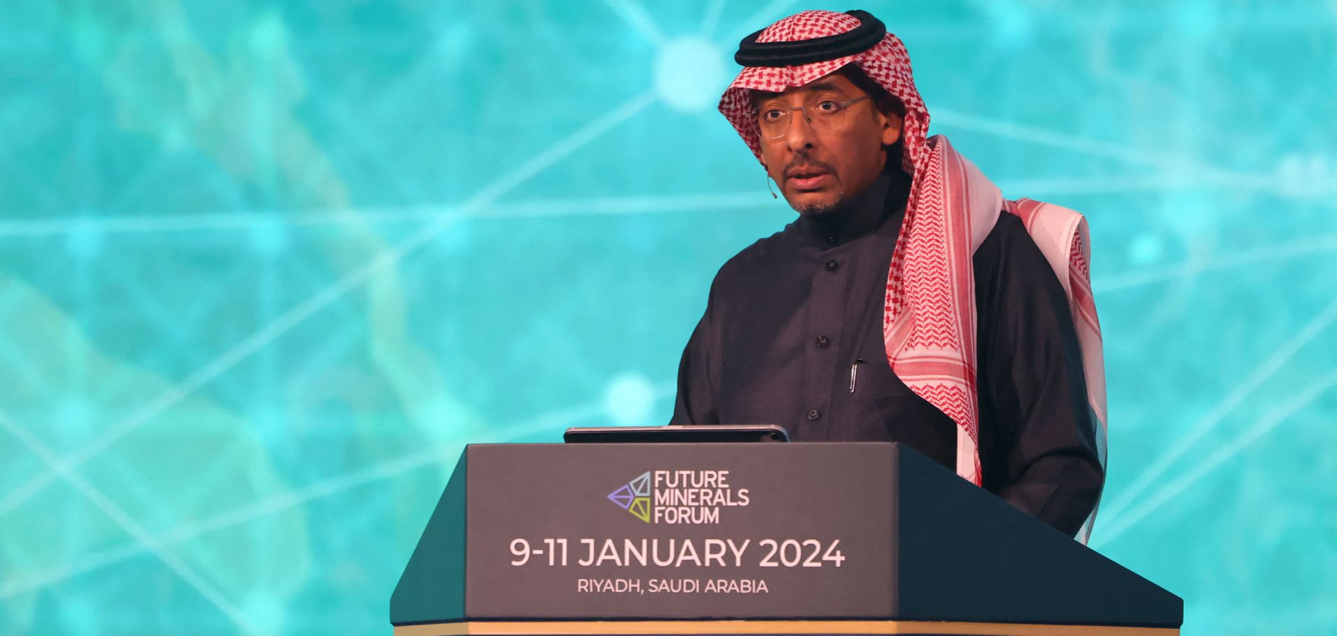 Saudi Mining and Industry Minister Bandar Al-Khorayef addresses the Future Mineral Forum in Riyadh on Jan. 10, 2024. 