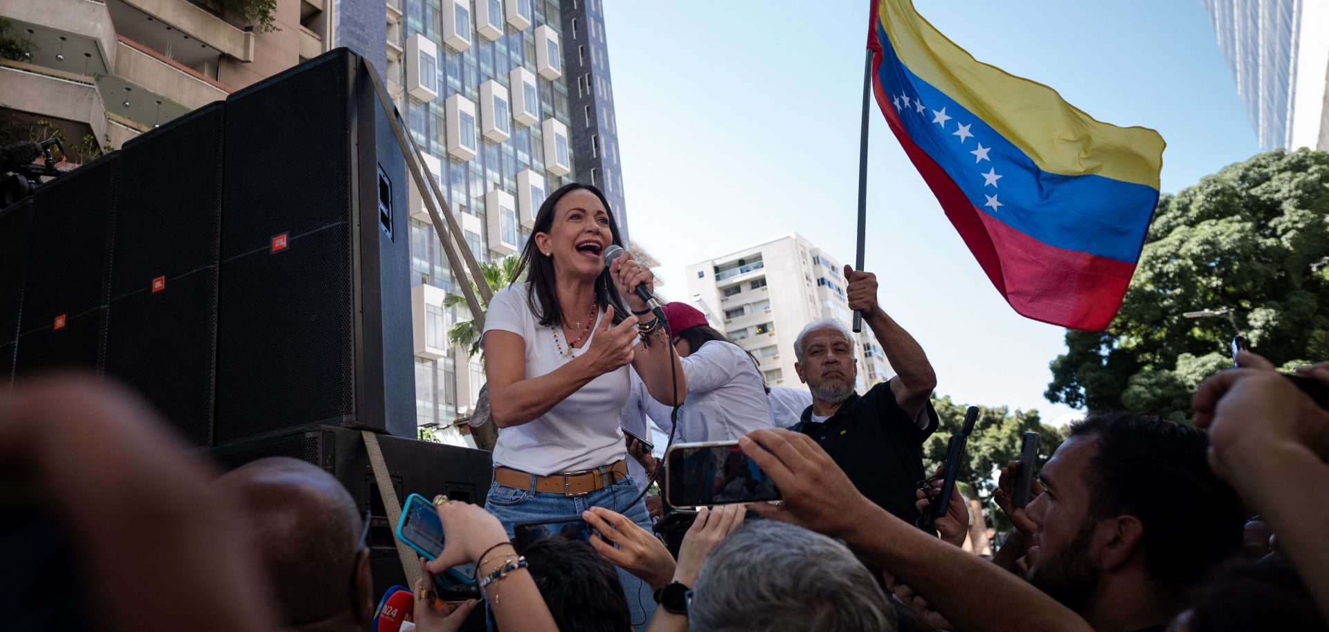 Maria Corina Machado, the leading opposition candidate in Venezuela's 2024 presidential race, speaks to supporters during a rally in Caracas on Jan. 23, 2024. 