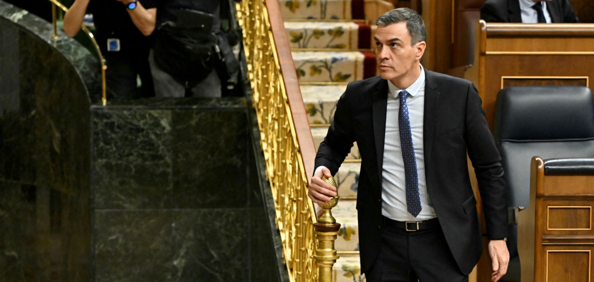 Spanish Prime Minister Pedro Sanchez leaves during a break of the plenary session before a vote on the government's controversial amnesty bill for Catalan secessionists at the Congress of Deputies in Madrid, Spain, on Jan. 30, 2024. 