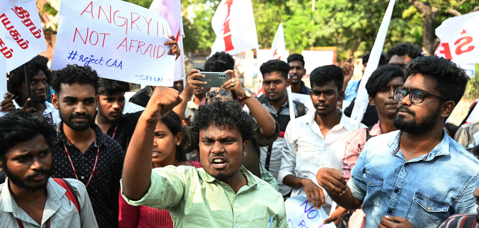 Members of the Students Federation of India (SFI) protest against the implementation of the Citizenship Amendment Act (CAA) in Chennai, India, on March 12, 2024. 