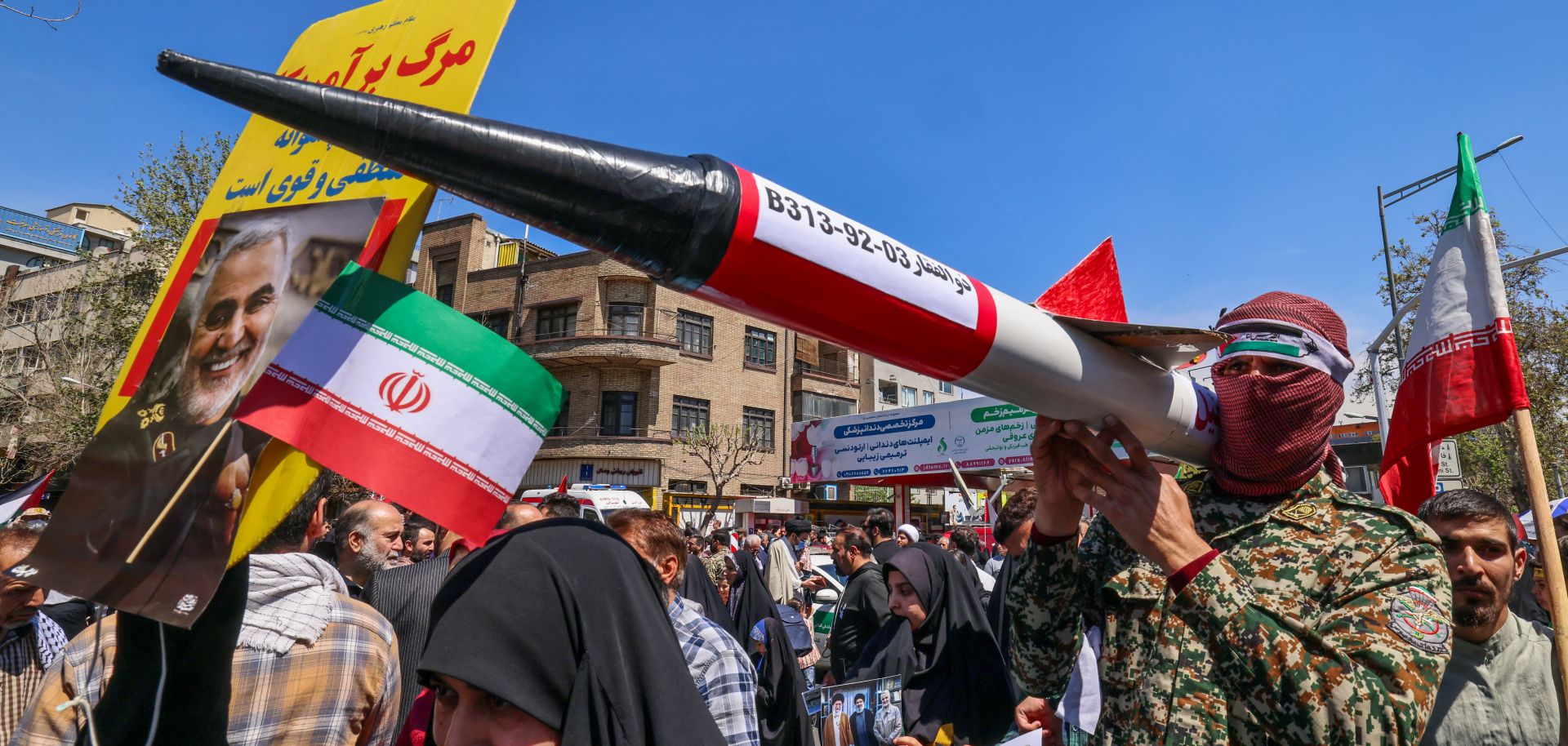 People attend the funeral procession in Tehran, Iran, on April 5, 2024, for the Islamic Revolutionary Guard Corps members killed in a recent Israeli strike in Syria.