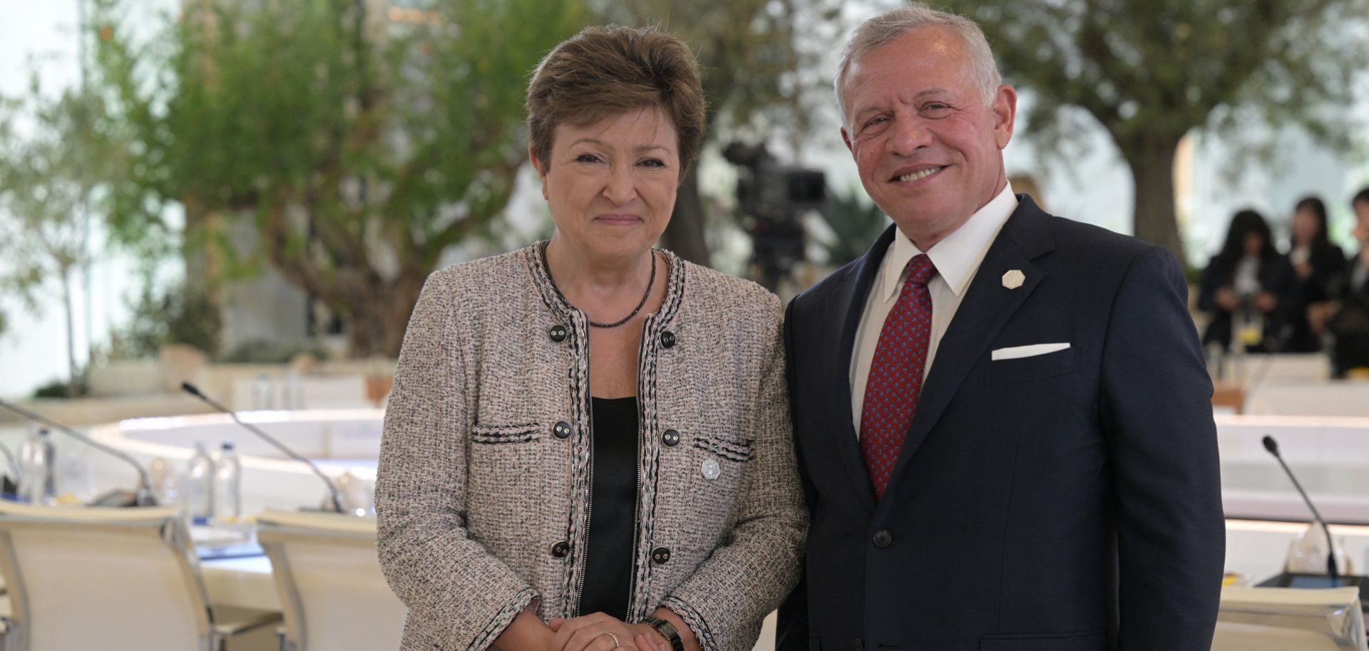 Jordan's King Abdullah II (right) and the head of the International Monetary Fund (IMF), Kristalina Georgieva, pose for a photo during the 2024 G-7 Summit in Savelletri, Italy, on June 14, 2024.