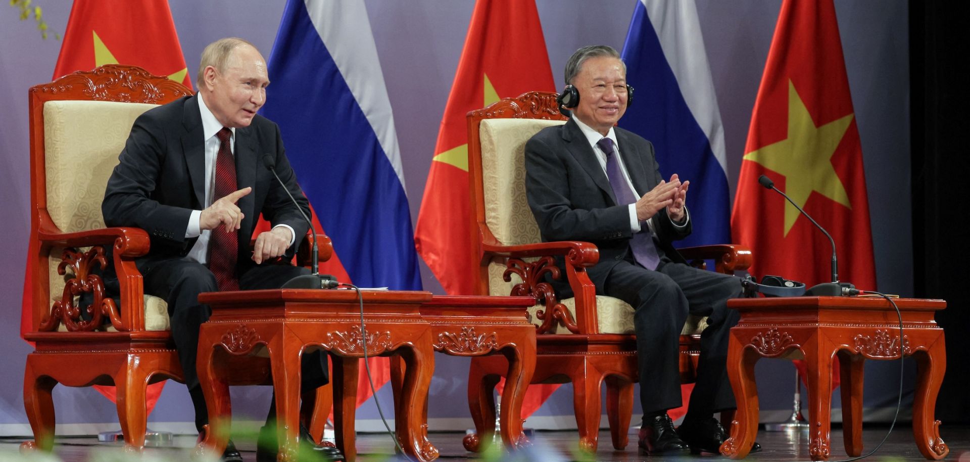 Russian President Vladimir Putin (left) and Vietnamese President To Lam attend an event in Hanoi, Vietnam, on June 20, 2024. 