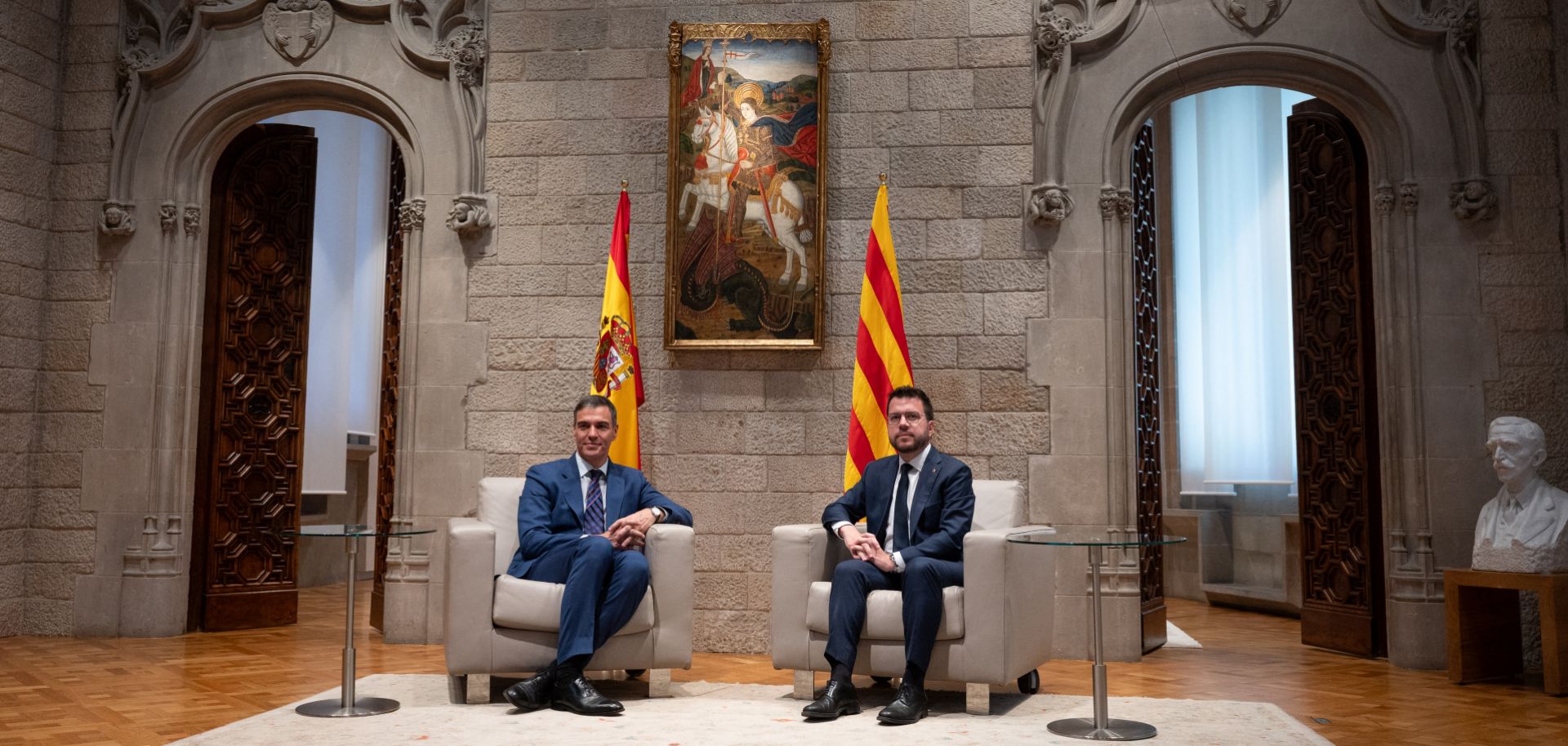 Spanish Prime Minister Pedro Sanchez (left) and Catalan regional president Pere Aragones (right) pose during their meeting at the Generalitat Palace in Barcelona on July 24, 2024. 