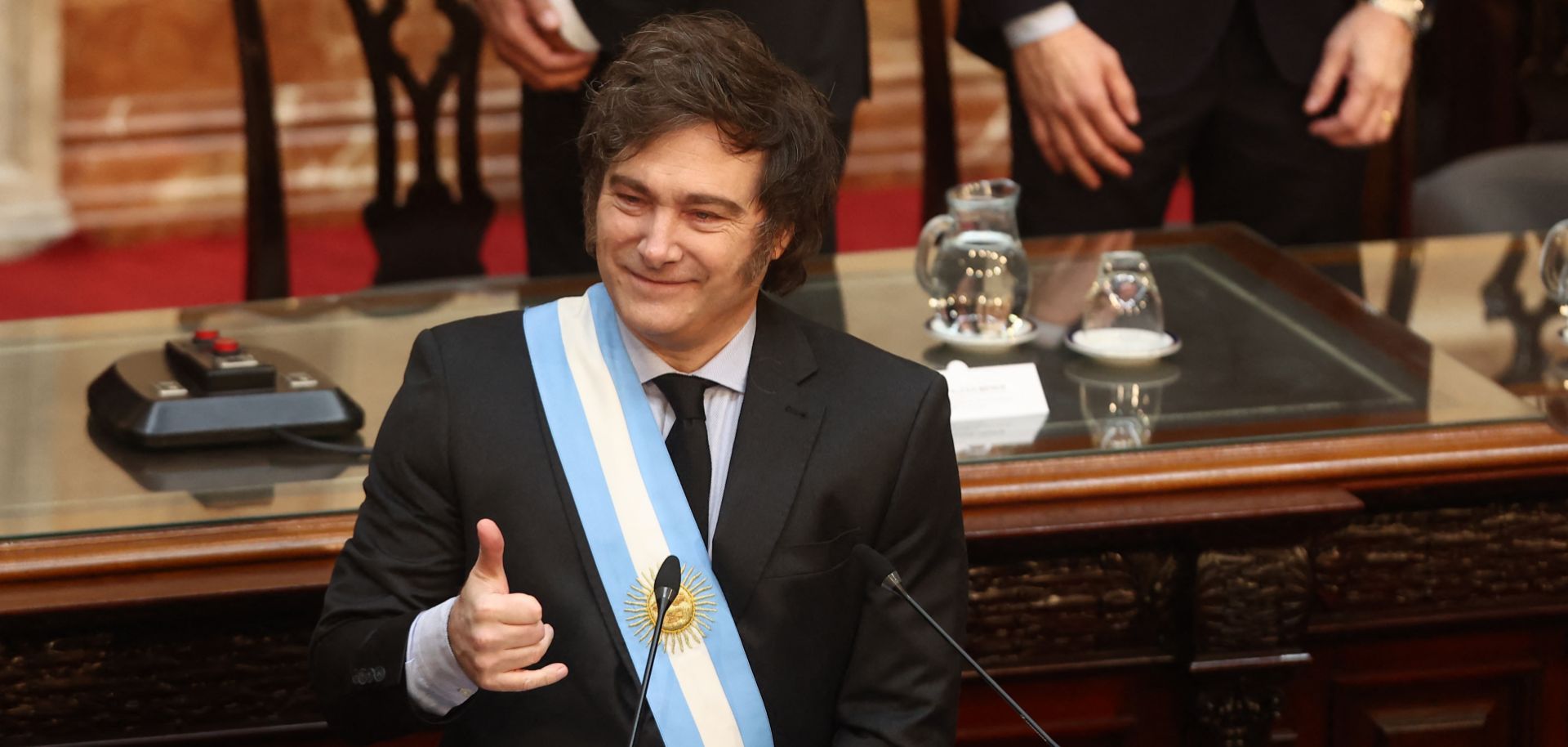 Argentine President Javier Milei gestures before presenting the 2025 budget proposal to Congress in Buenos Aires on Sept. 15, 2024. 