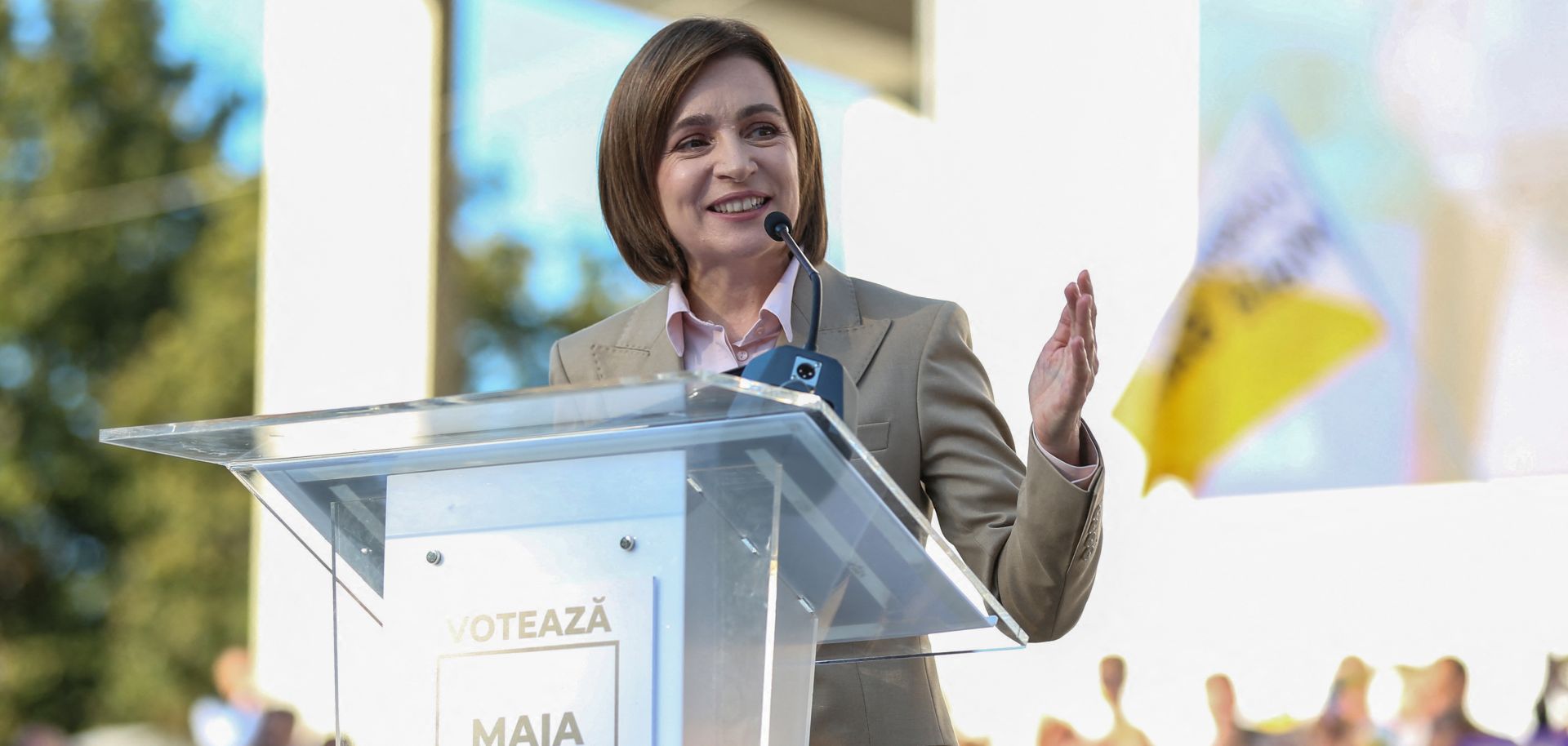 Moldovan President Maya Sandu delivers a speech in Chisinau on Sept. 20, 2024, during a rally to launch her reelection campaign. 