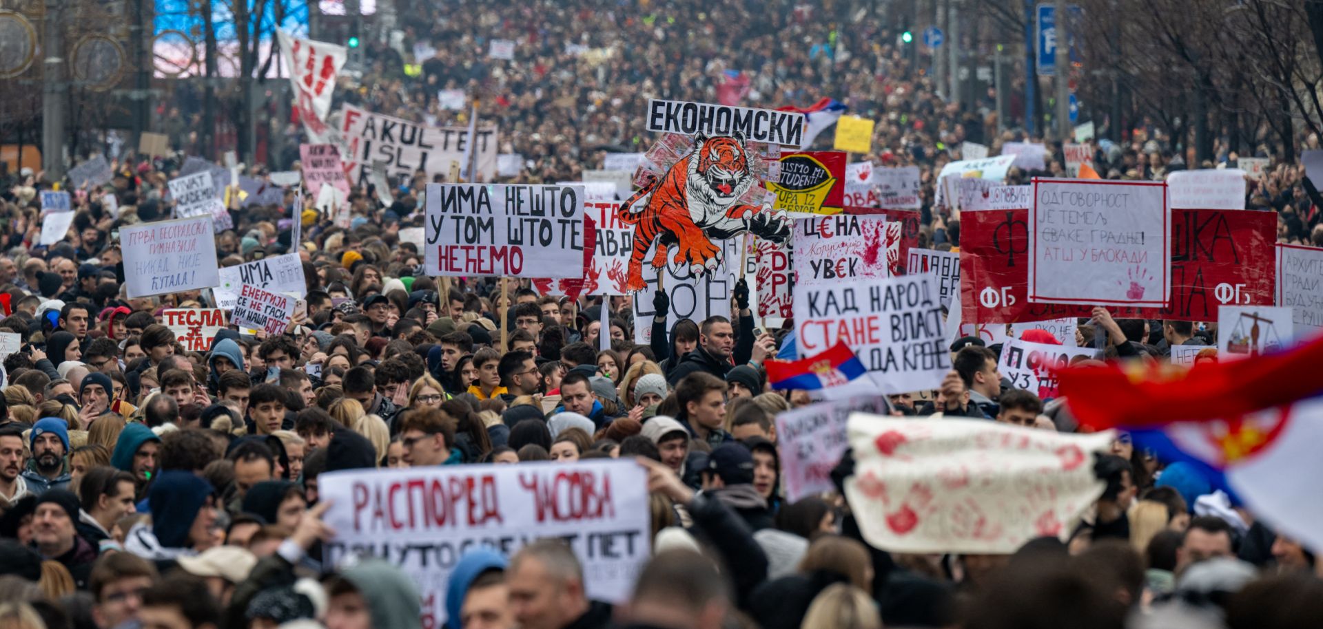 Demonstrators march in central Belgrade, Serbia, on Jan. 24, 2025, as part of a general strike over the fatal collapse of a train station roof in Novi Sad in November.