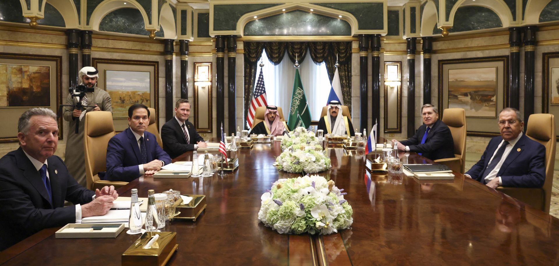 (Left to right) U.S., Saudi and Russian officials attend a meeting in Riyadh on Feb. 18, 2025.