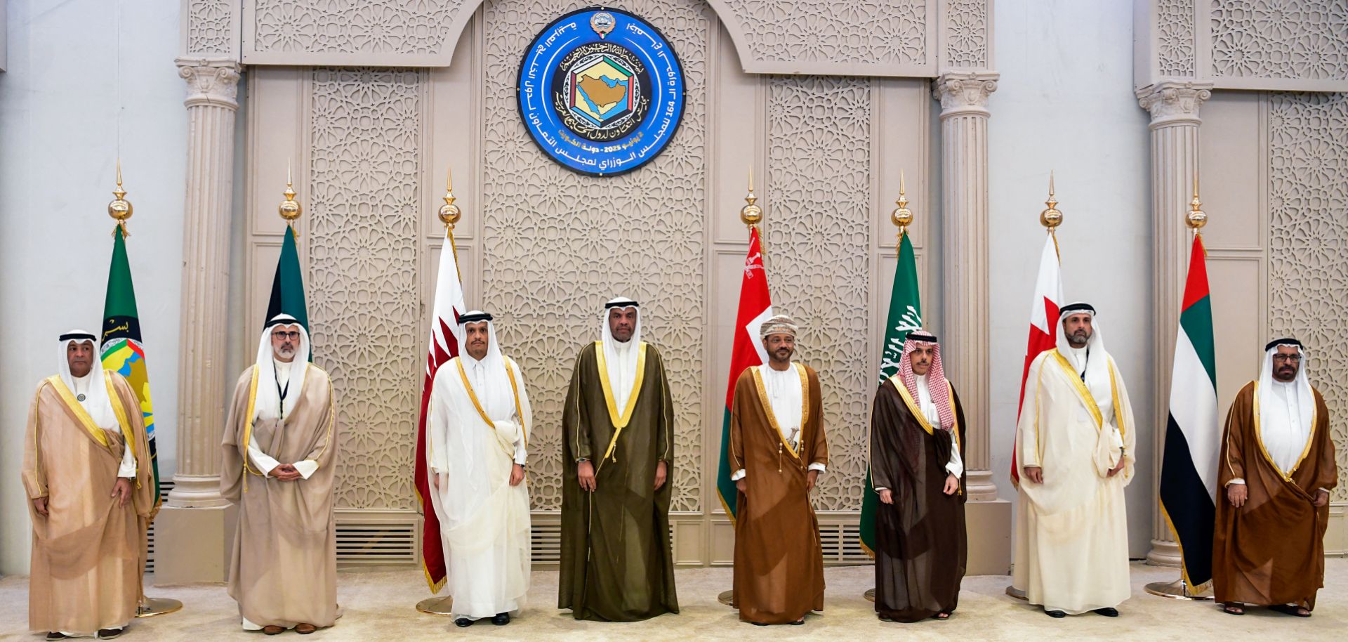 Gulf Cooperation Council (GCC) Secretary-General Jassim al-Budaiwi and the foreign ministers from the six GCC countries (Kuwait, Qatar, Oman, Saudi Arabia, Bahrain and the United Arab Emirates) pose for a group photo during the GCC foreign minister meeting in Kuwait City on June 2, 2025.