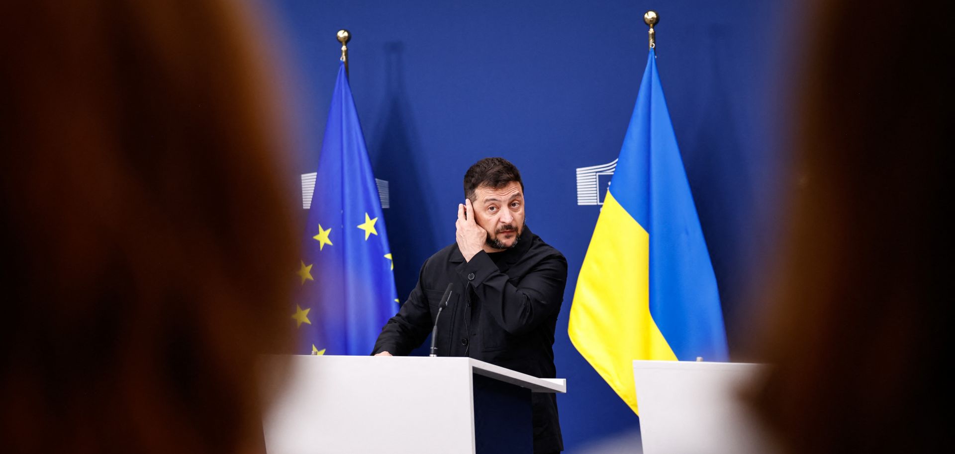 Ukrainian President Volodymyr Zelensky attends a press conference at the European Commission's headquarters in Brussels, Belgium, on Aug. 17, 2025.