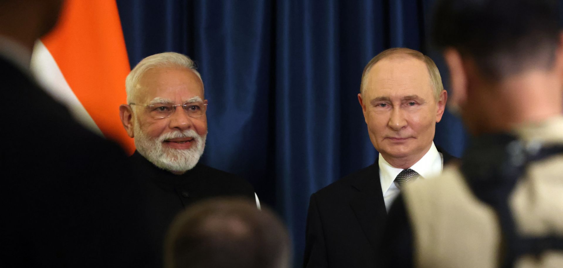 Russian President Vladimir Putin greets Indian Prime Minister Narendra Modi for their bilateral meeting during the 2025 Shanghai Cooperation Organization Summit.