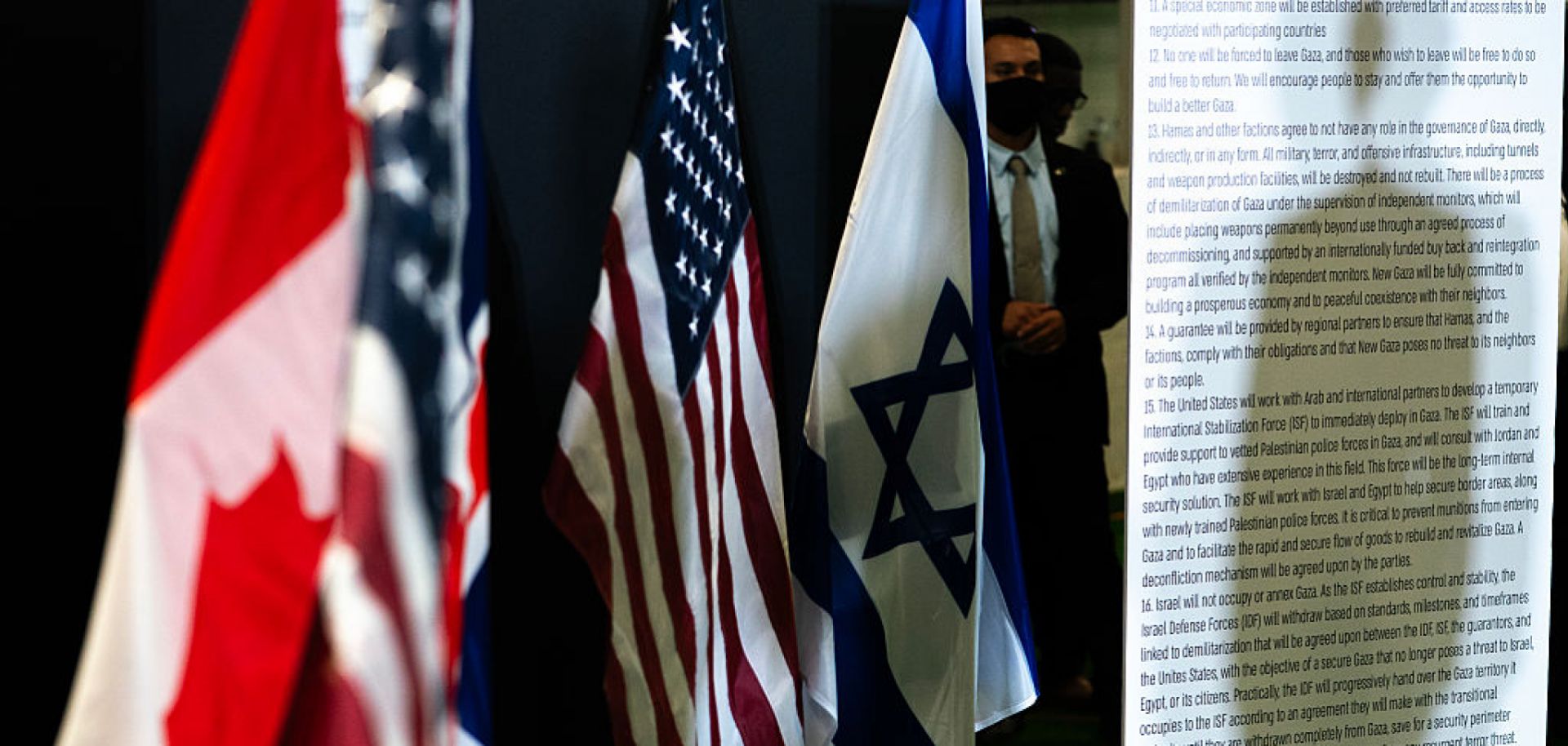U.S. Vice President JD Vance's shadow is seen as he speaks during a press conference following a military briefing at the civilian military coordination center on Oct. 21, 2025, in Kiryat Gat, Israel. 