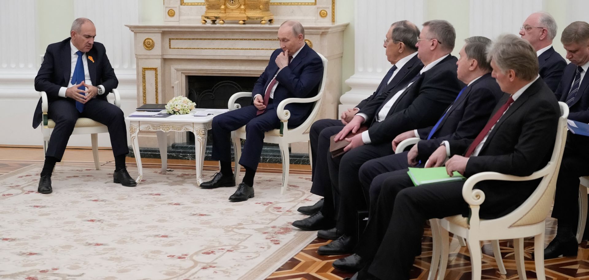 Russian President Vladimir Putin (center) and Armenian Prime Minister Nikol Pashinyan (left) hold talks at the Kremlin in Moscow on April 1, 2026.