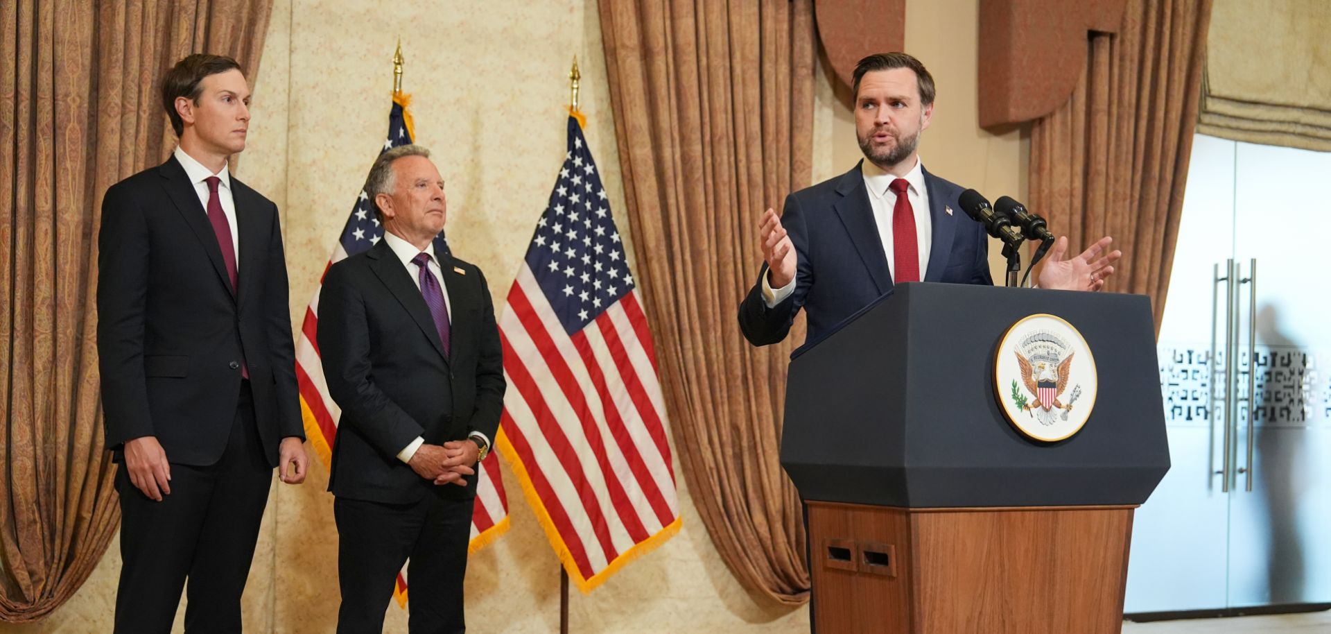 U.S. Vice President JD Vance speaks as special envoys Jared Kushner (L) and Steve Witkoff listen during a news conference after a meeting with representatives from Pakistan and Iran on April 12, 2026, in Islamabad, Pakistan. 