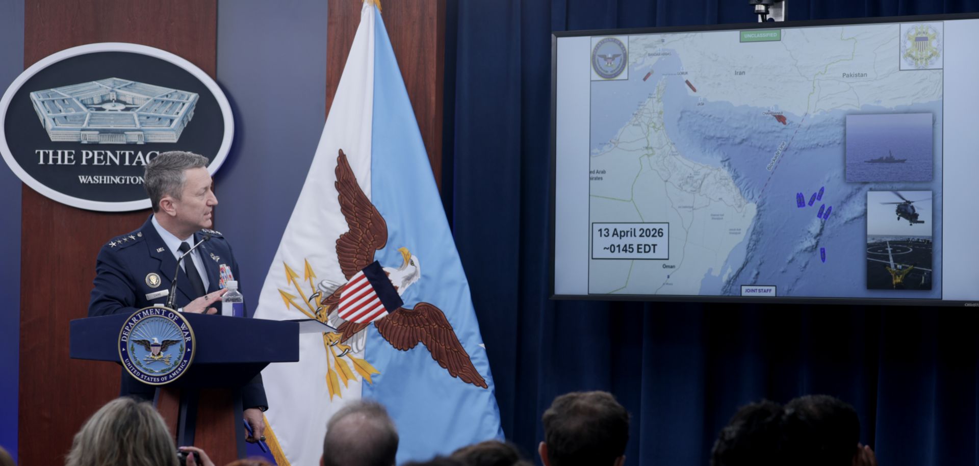 Chairman of the Joint Chiefs of Staff Gen. Dan Caine speaks as he displays a map showing the U.S. Navy's blockade of the Strait of Hormuz during a press briefing at the Pentagon on April 16, 2026, in Arlington, Virginia. 