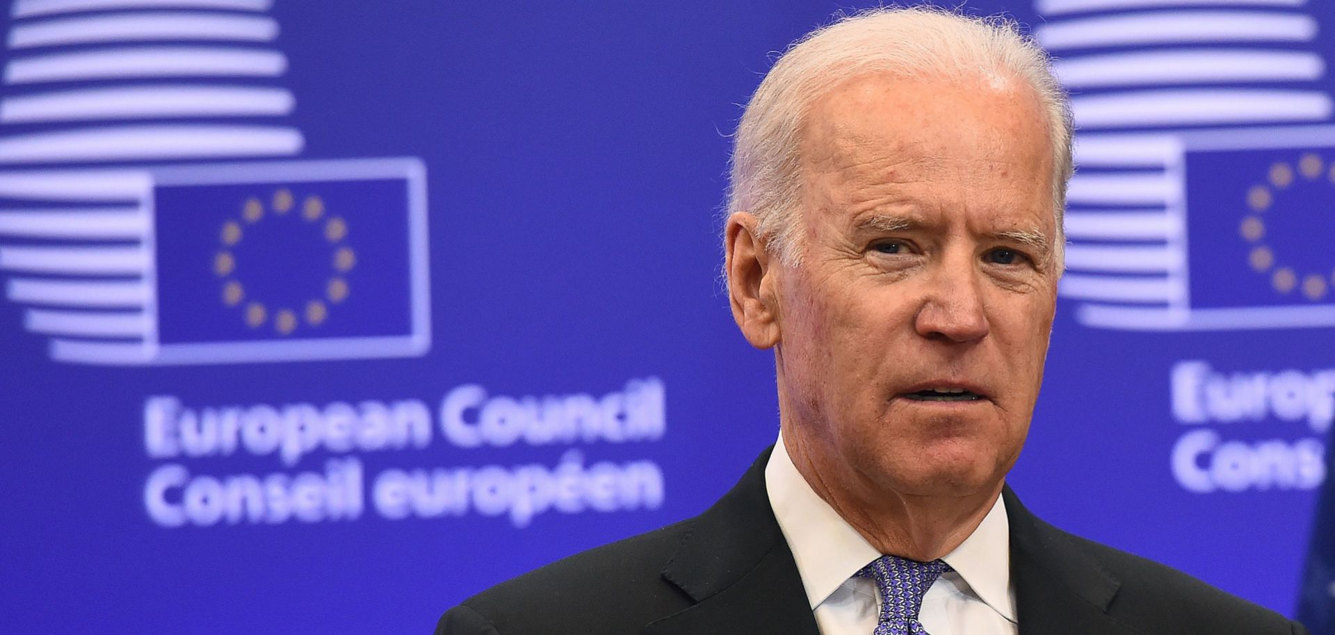 Then-U.S. Vice President Joe Biden speaks during a 2015 meeting with EU leaders in Brussels, Belgium.