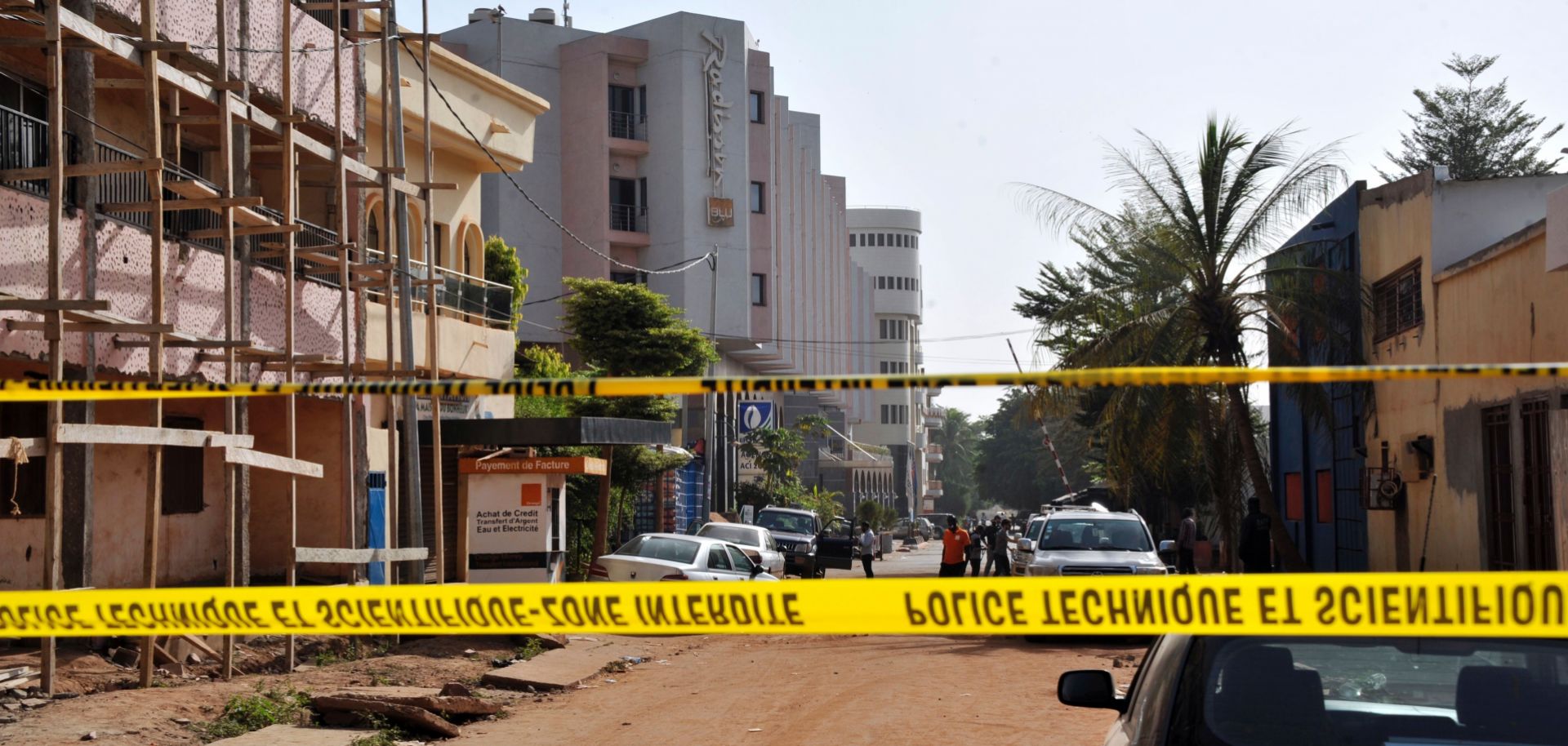 Police tape cordons off the street of the Radisson Blu hotel in Bamako on Nov. 21, 2015, a day after the deadly jihadist siege at the luxury hotel. 
