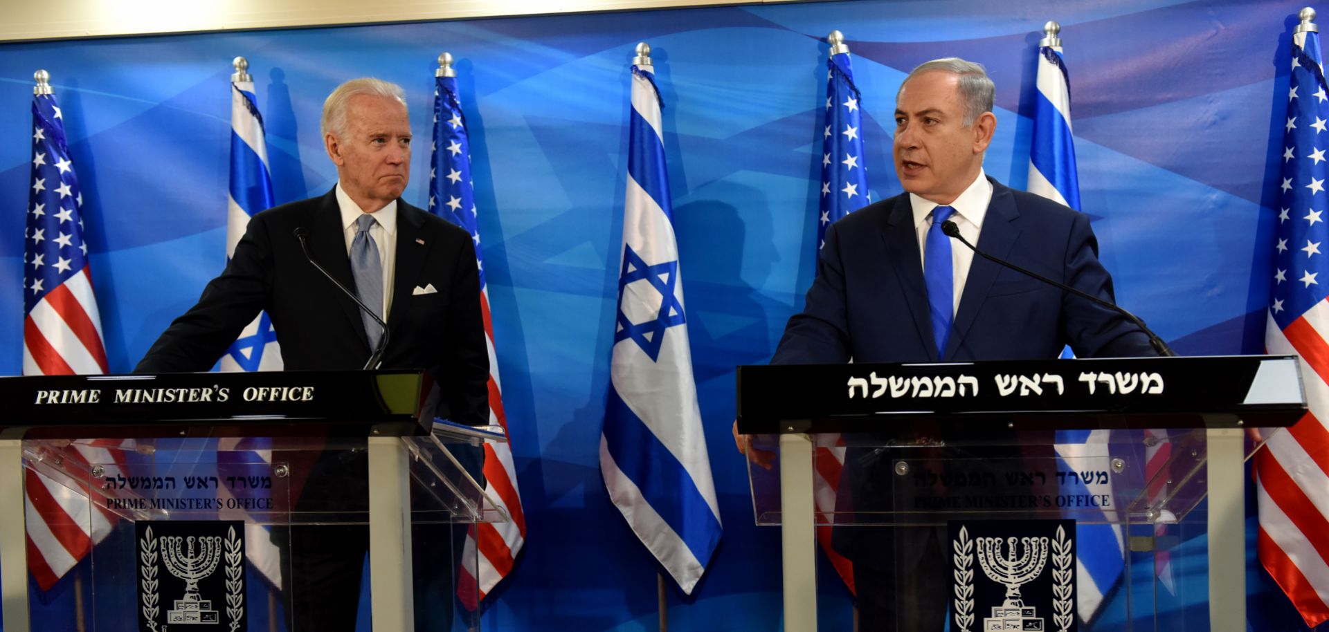 Then-U.S. Vice President Joe Biden (left) listens to Israeli Prime Minister Benjamin Netanyahu talk during a joint press conference in Jerusalem, Israel, on March 9, 2016.