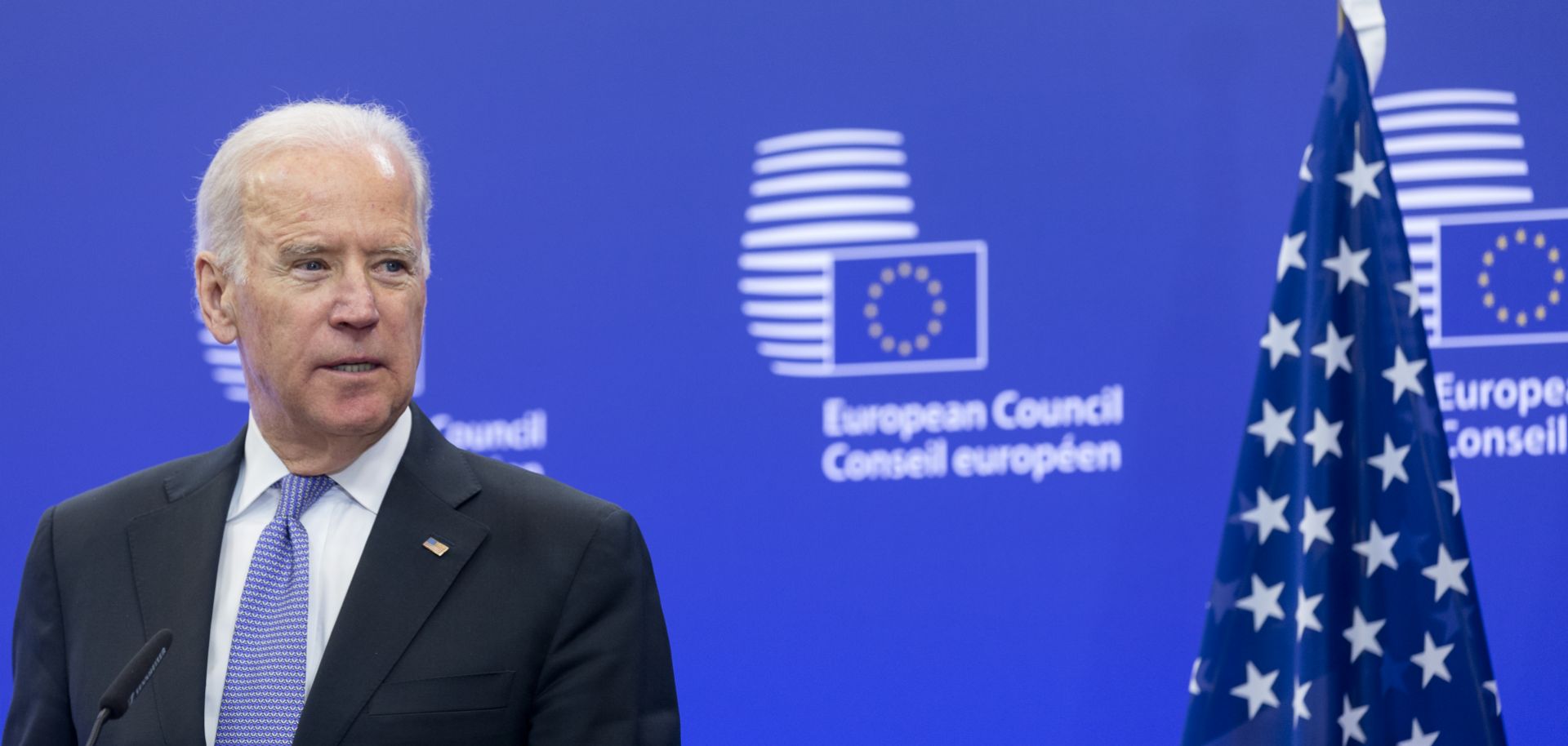 Then-U.S. Vice President Joe Biden participates in a bilateral meeting at the European Council headquarters in Brussels, Belgium, on Feb. 6, 2015.