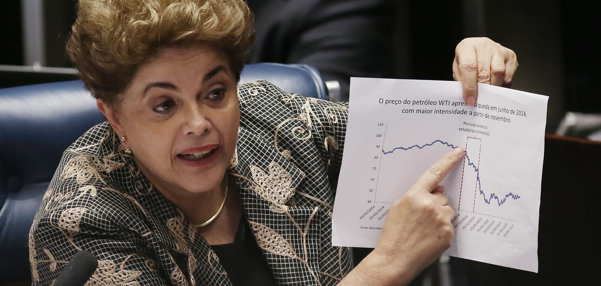 Suspended President Dilma Rousseff points to an economic chart displaying oil prices while answering a question from a senator on the Senate floor during her impeachment trial on Aug. 29, 2016, in Brasilia.