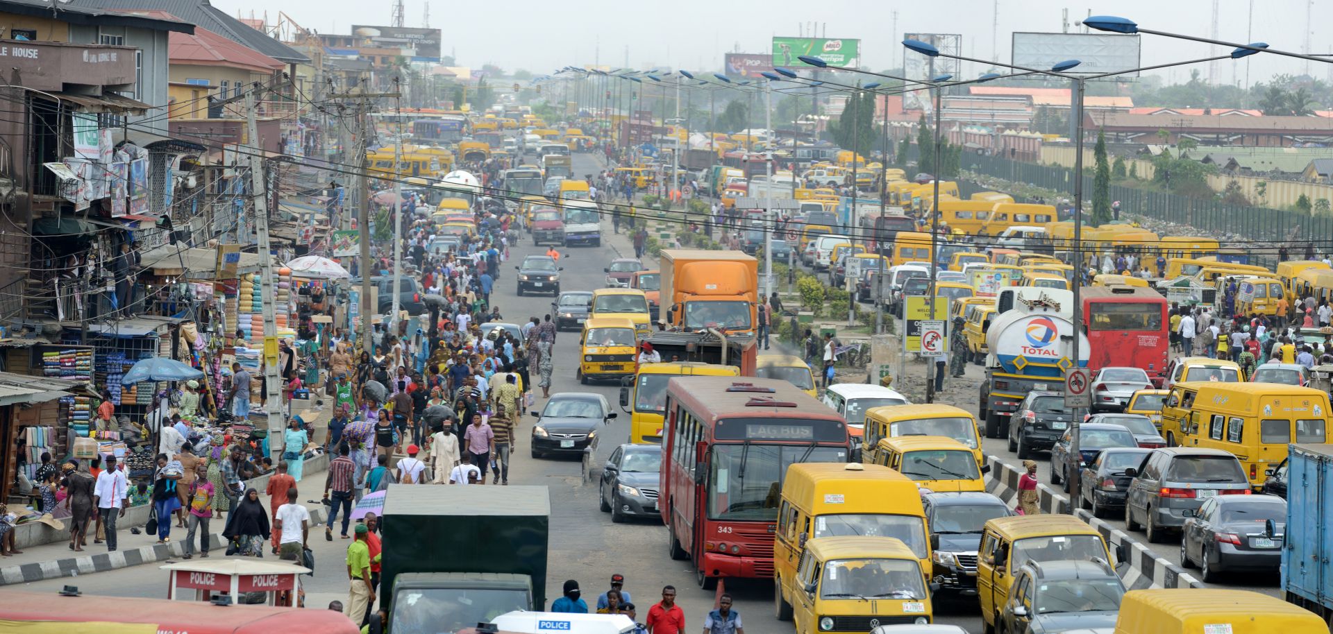 A busy street is seen in Lagos, Nigeria. 