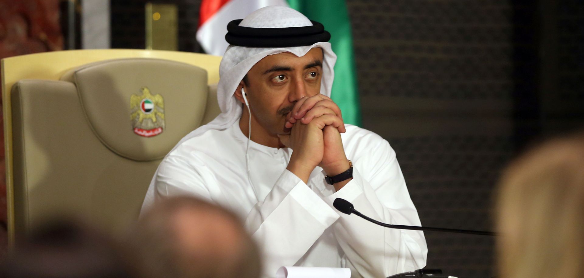 UAE Foreign Minister Sheikh Abdullah Bin Zayed looks on during a press conference in Abu Dhabi. 