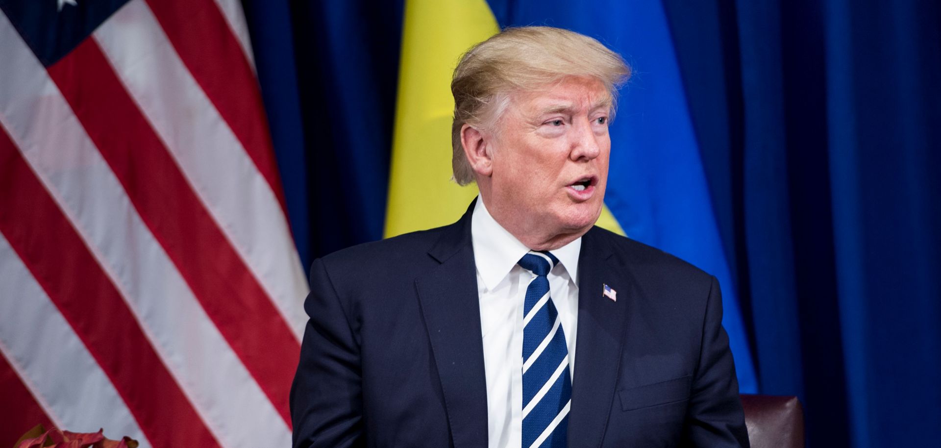 Then-U.S. President Donald Trump speaks with media on Sept. 21, 2017, before meeting Ukraine's then-president Petro Poroshenko on the sidelines of the 72nd U.N. General Assembly. 