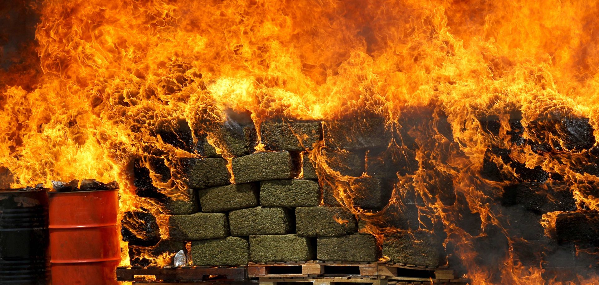 Seized marijuana bricks are incinerated in Guadalajara, Mexico.