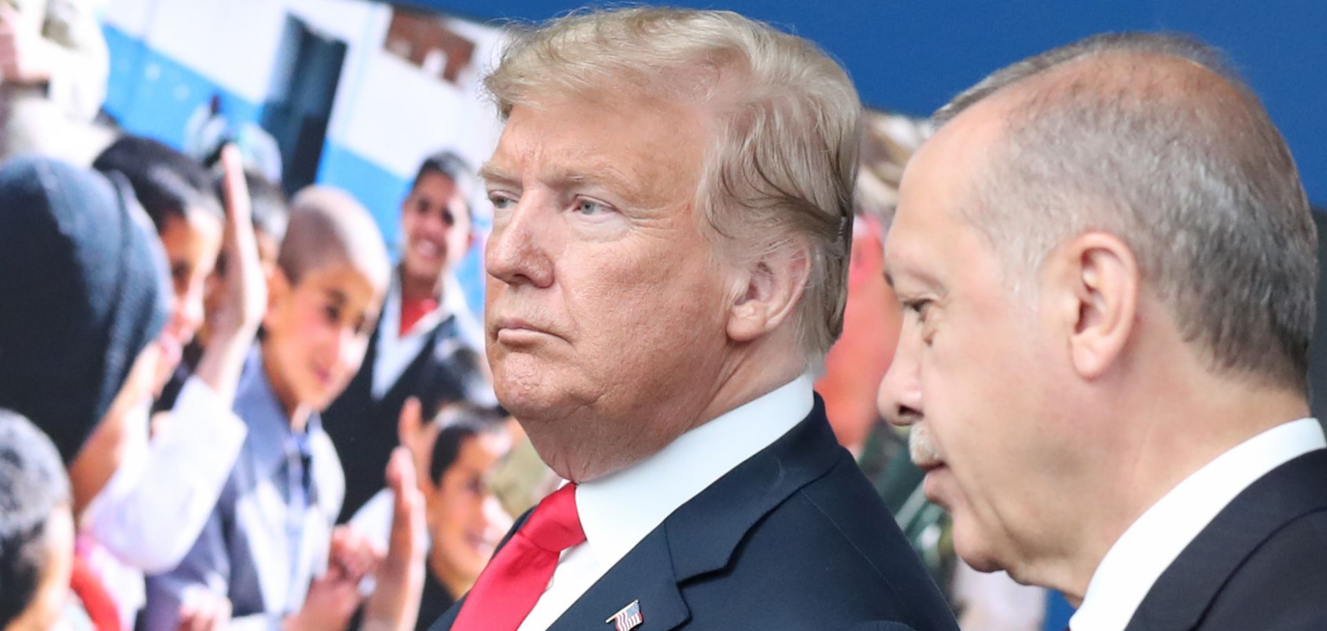 U.S. President Donald Trump (left) talks with his Turkish counterpart, Recep Tayyip Erdogan, on the sidelines of the NATO summit in Brussels, Belgium, on July 11, 2018. 