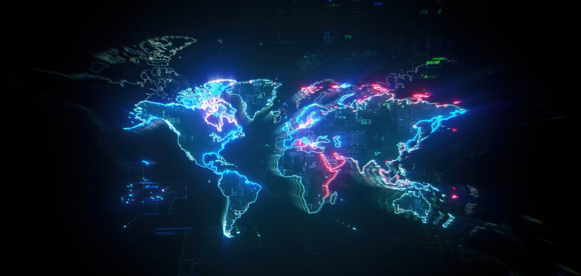 World map on a dark digital background representing global communication and global finances.