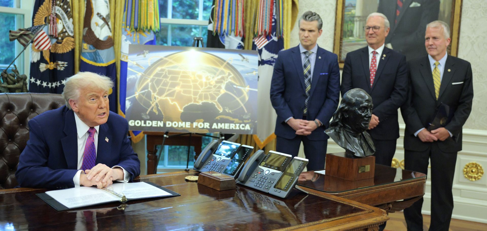 U.S. President Donald Trump discusses his plans for a "Golden Dome" U.S. missile defense shield in the Oval Office of the White House on May 20, 2025.