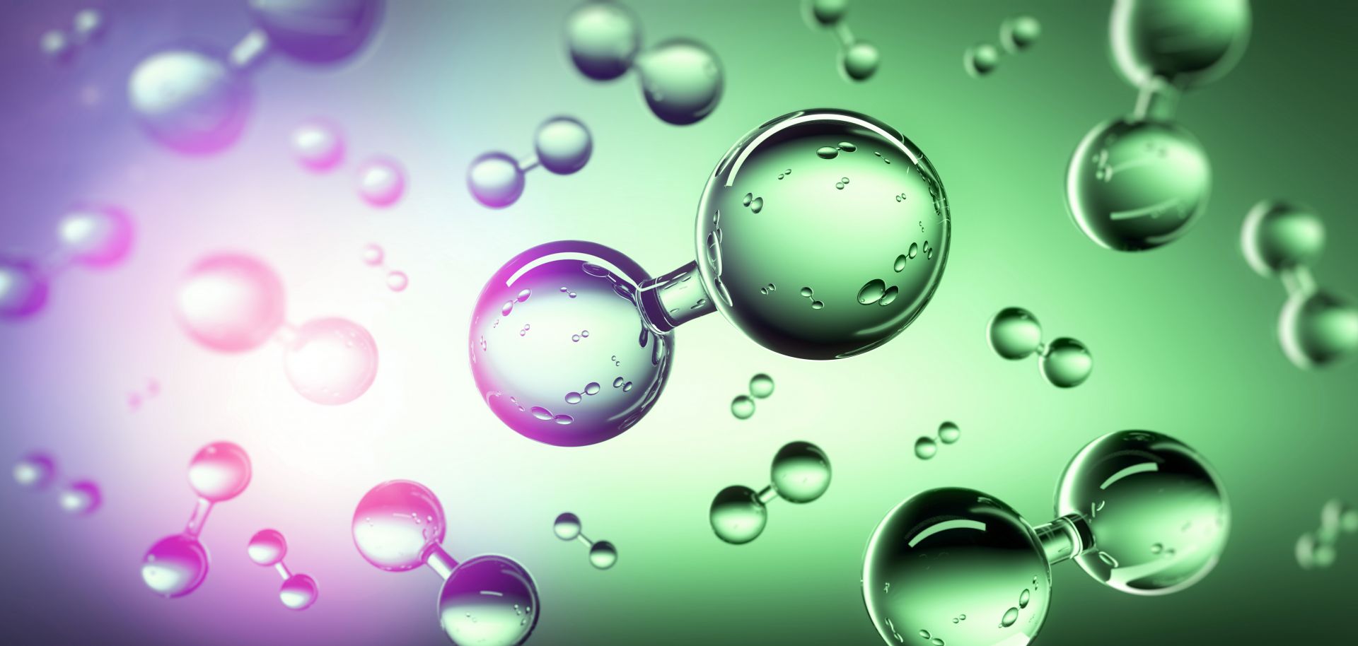 Glass-like molecules float against a green and purple background.