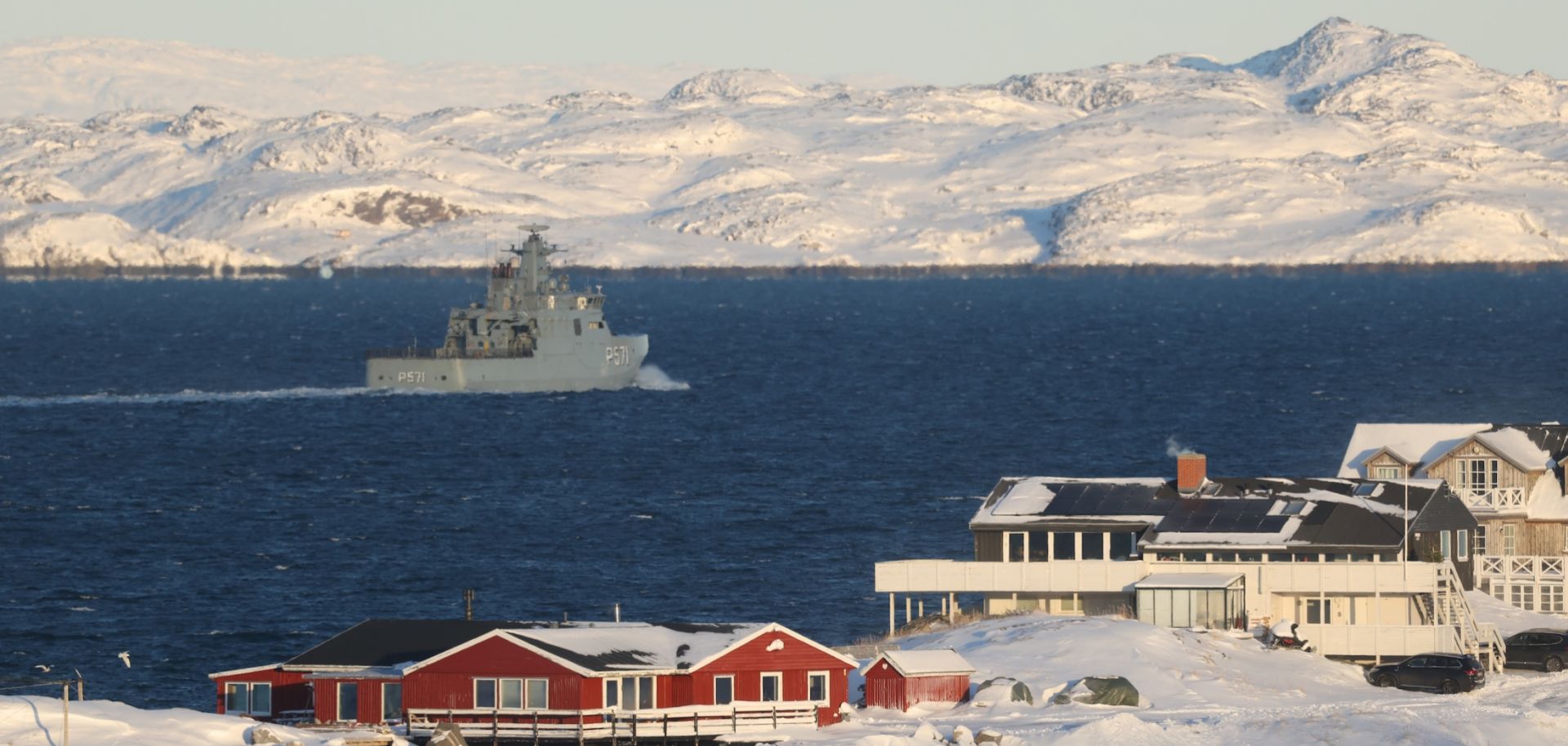 The HDMS Knud Rasmussen ship of the Danish Navy patrols the waters off of Nuuk, Greenland, on Jan. 20, 2026. 