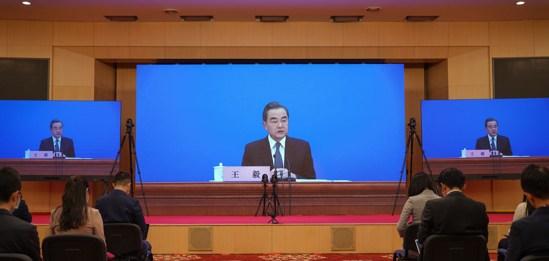 Chinese Foreign Minister Wang Yi answers questions during a video press conference on May 24, 2020, in Beijing, China. 